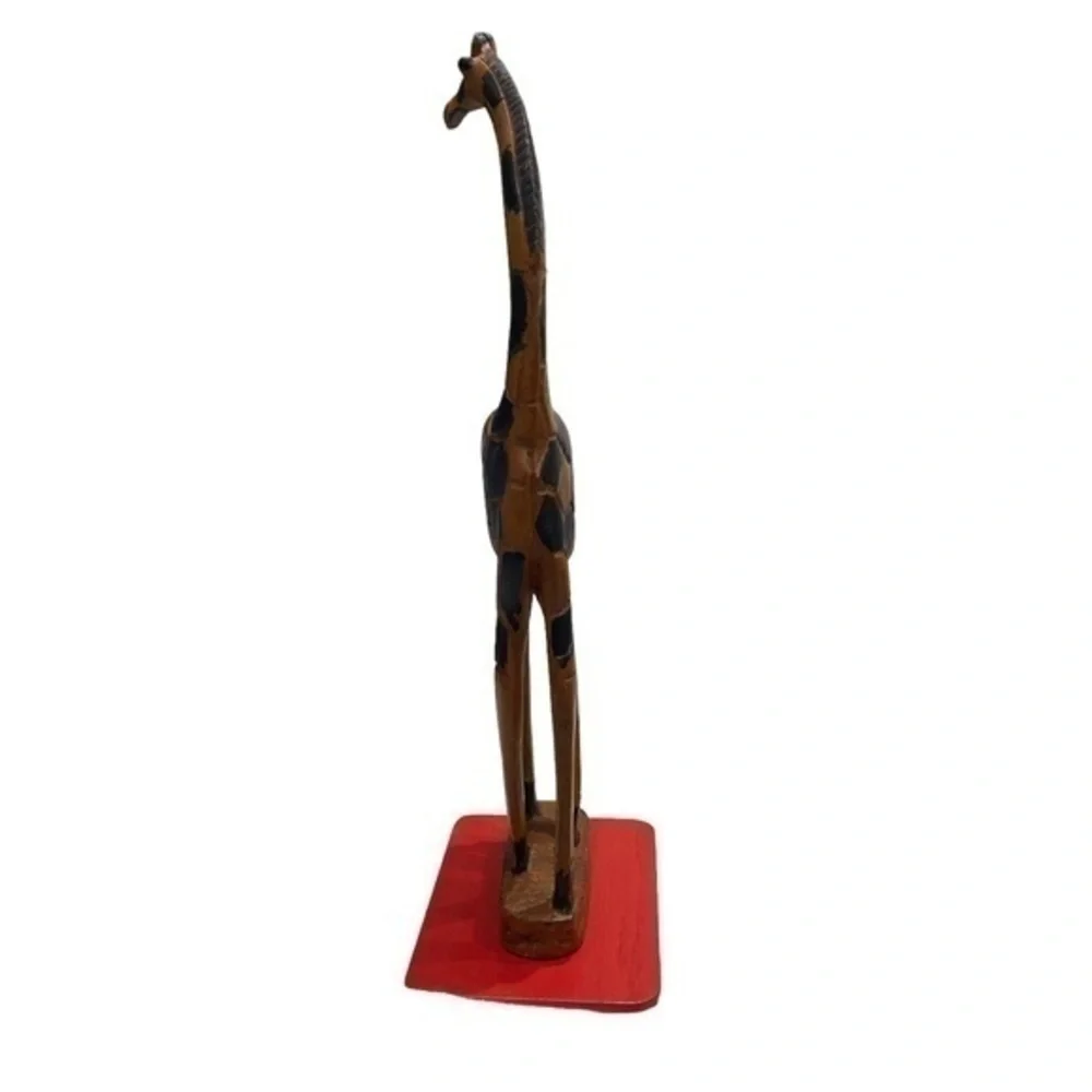 Hand Craved Wooden Giraffe Sculpture on Red Base